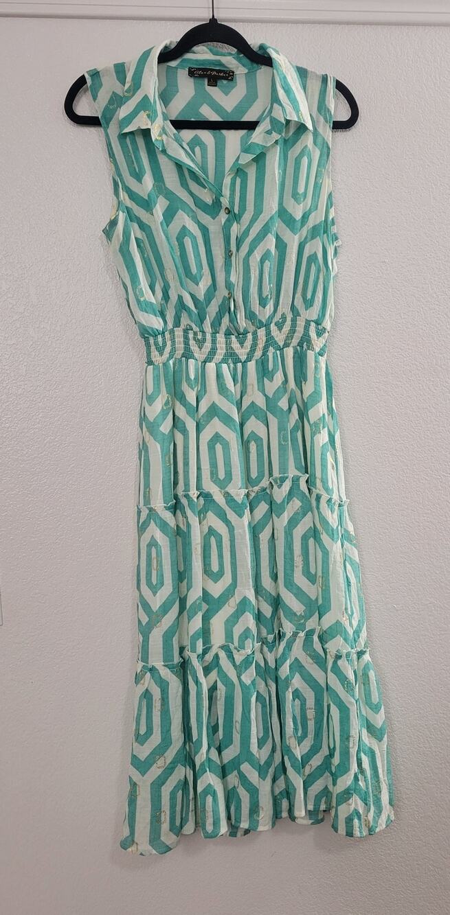 Alex & Parker Womens Large Midi Shirt Dress Mint White Geometric Sleeveless